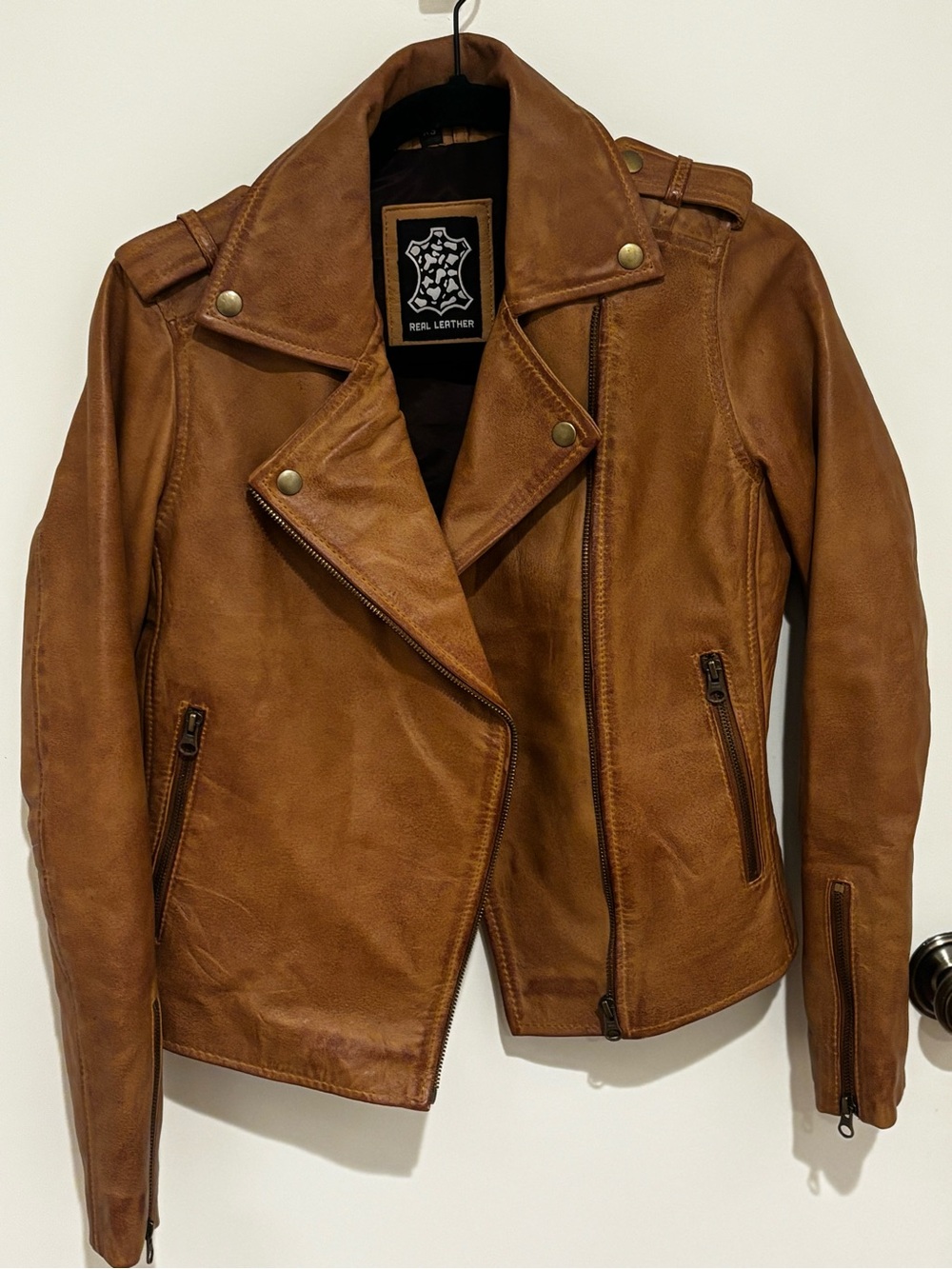 Real Leather Soft Tan Brown Asymmetrical Moto Jacket XS